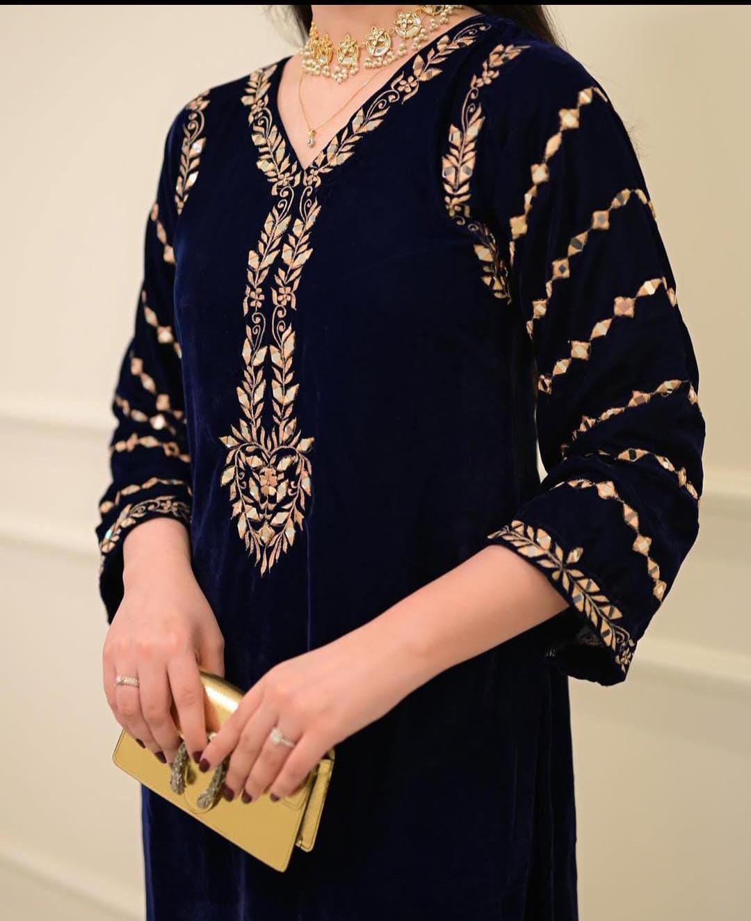 Velvet Tilla Emb + Sheesha Work Emb Shirt With Plain Velvet Trouser..