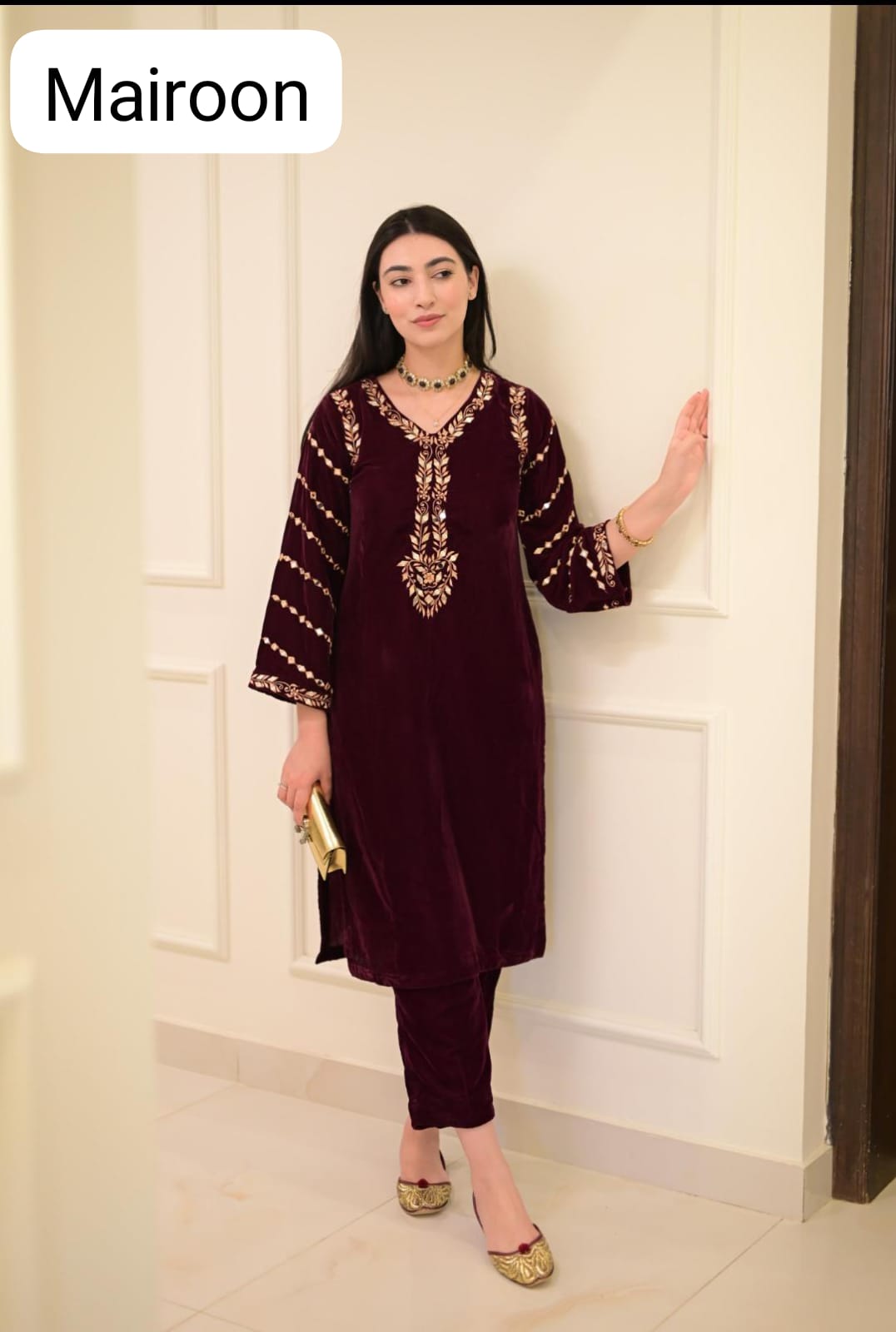 Velvet Tilla Emb + Sheesha Work Emb Shirt With Plain Velvet Trouser..