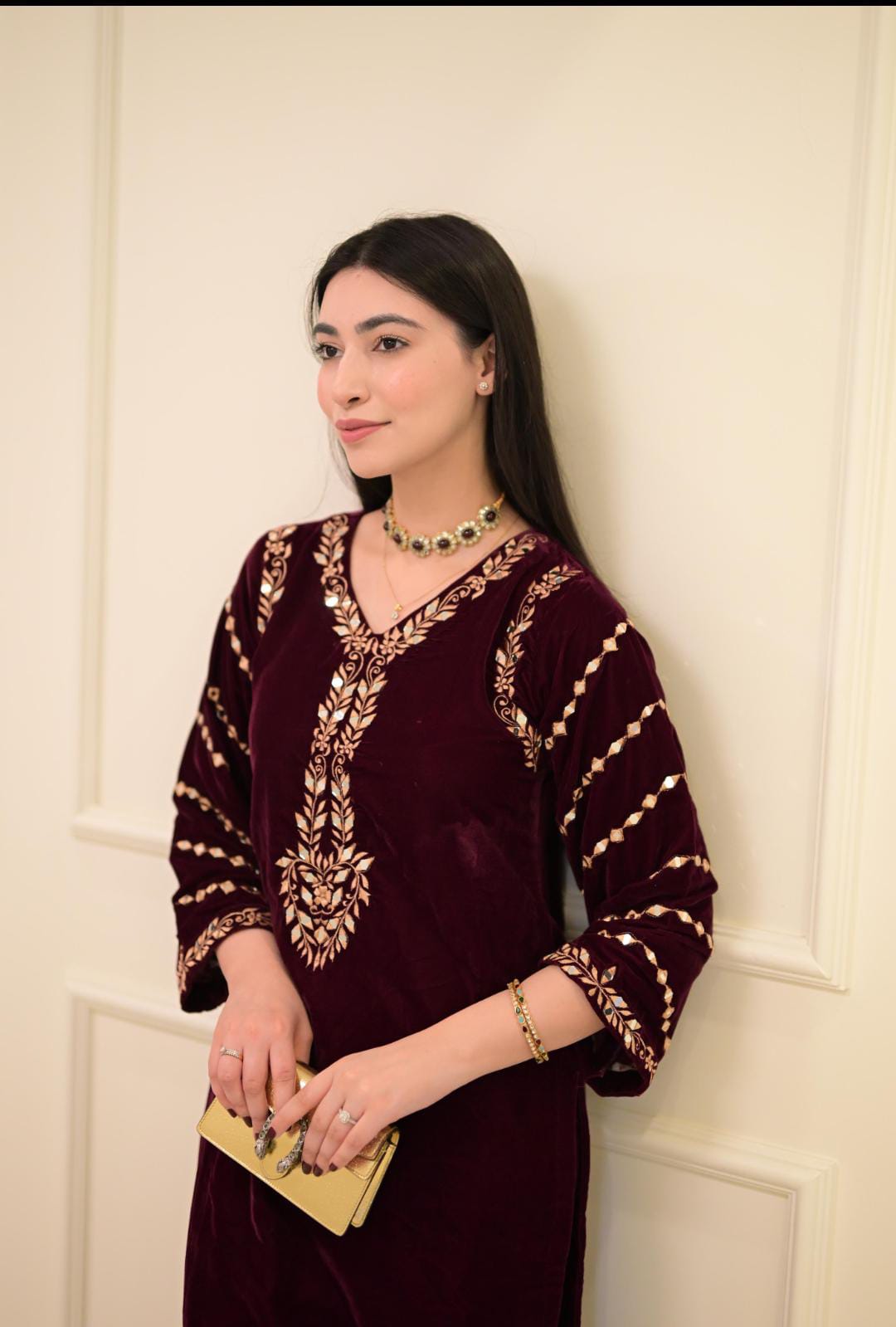 Velvet Tilla Emb + Sheesha Work Emb Shirt With Plain Velvet Trouser..