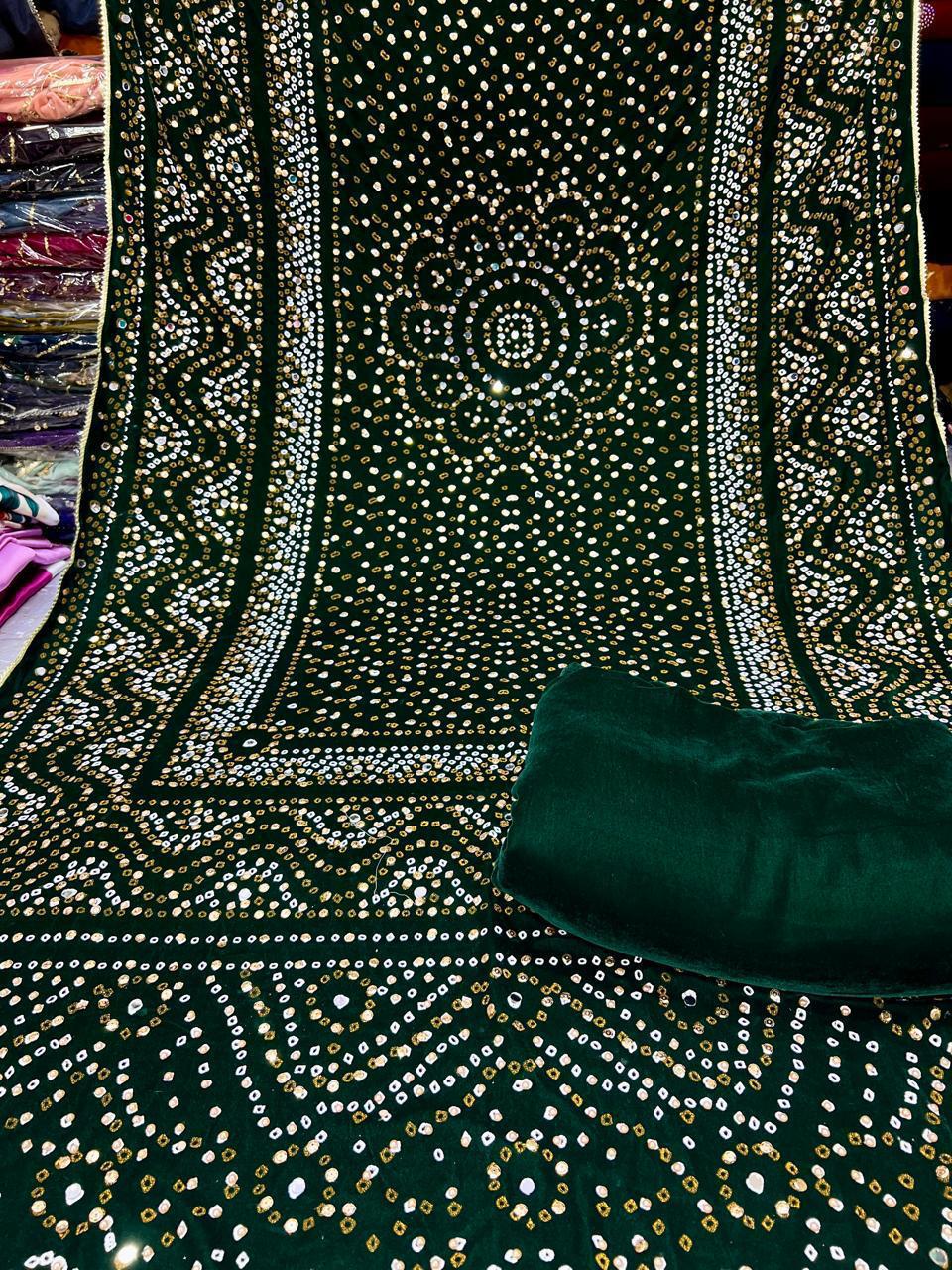 Superior Quality Velvet Suit With Block Printed Velvet Shawl With Pearls  Mirror Work