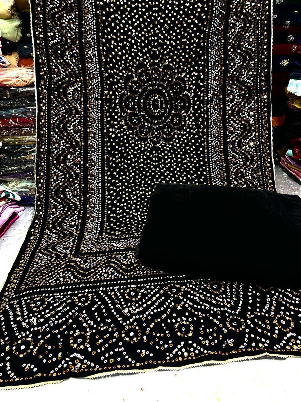 Superior Quality Velvet Suit With Block Printed Velvet Shawl With Pearls  Mirror Work