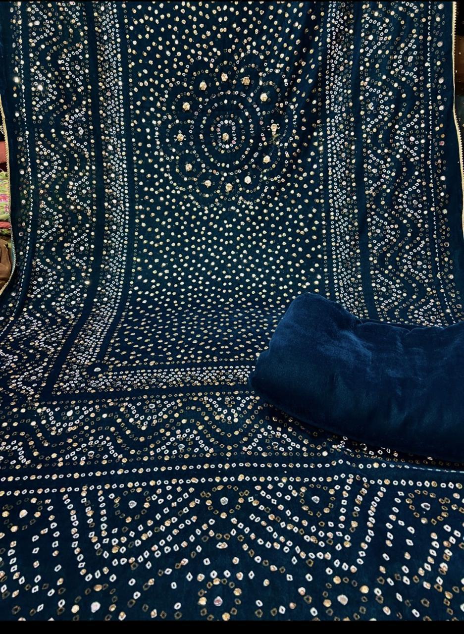 Superior Quality Velvet Suit With Block Printed Velvet Shawl With Pearls  Mirror Work