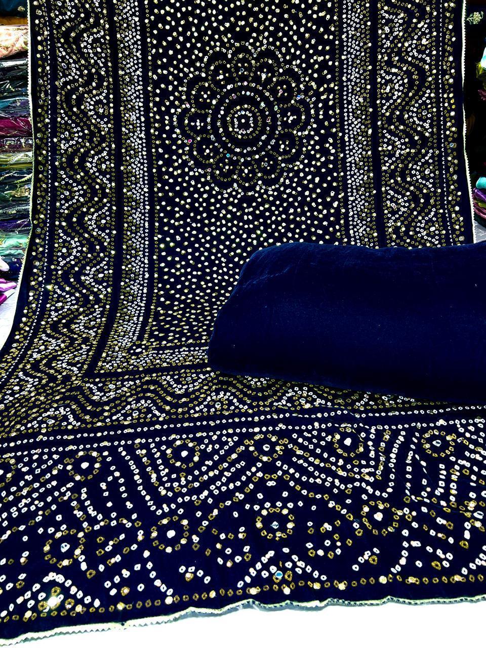 Superior Quality Velvet Suit With Block Printed Velvet Shawl With Pearls Mirror Work