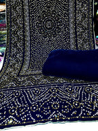 Superior Quality Velvet Suit With Block Printed Velvet Shawl With Pearls Mirror Work