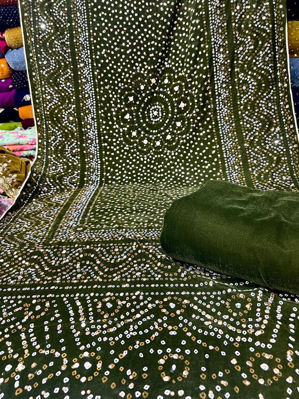 Superior Quality Velvet Suit With Block Printed Velvet Shawl With Pearls Mirror Work