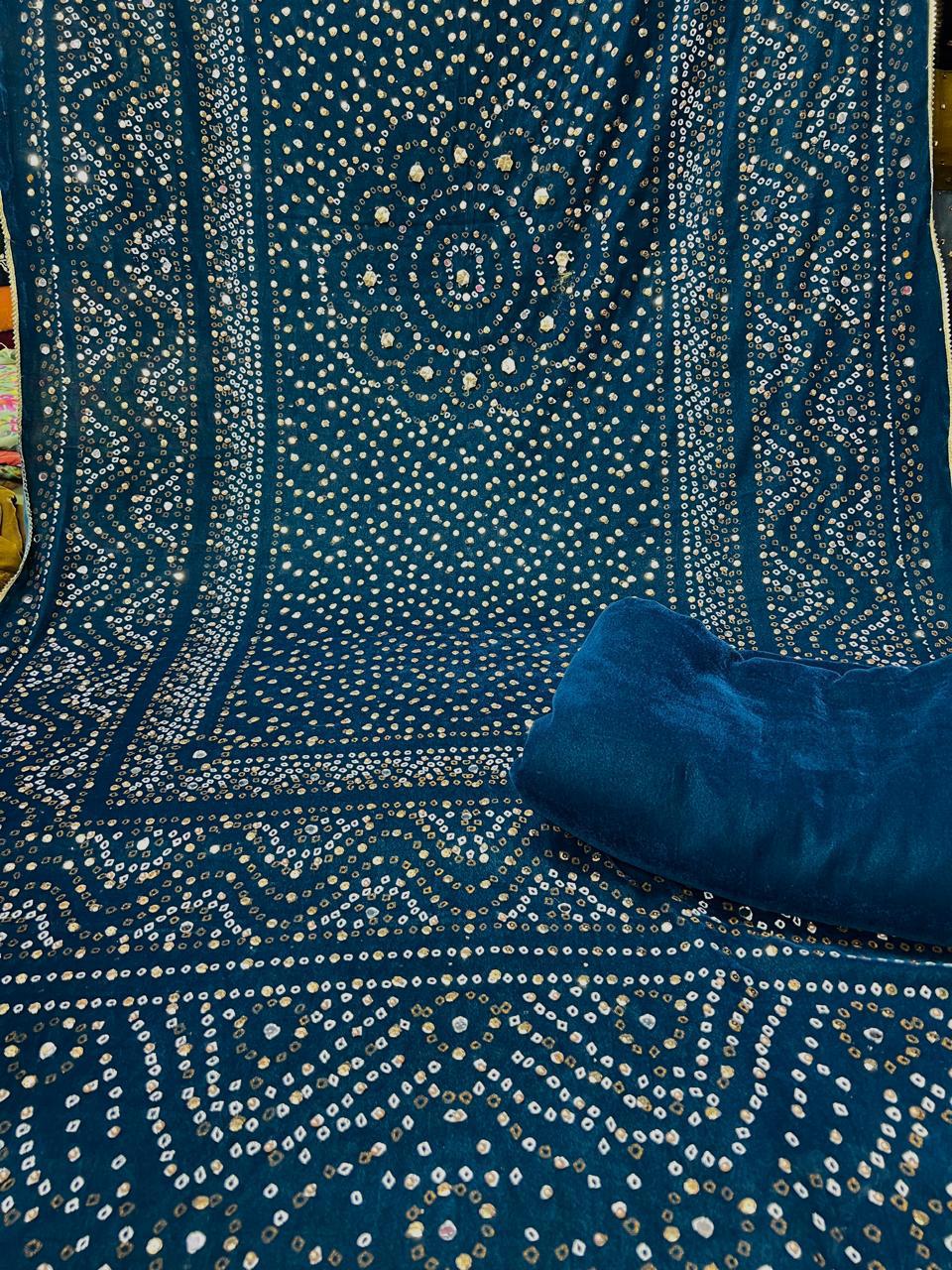 Superior Quality Velvet Suit With Block Printed Velvet Shawl With Pearls Mirror Work