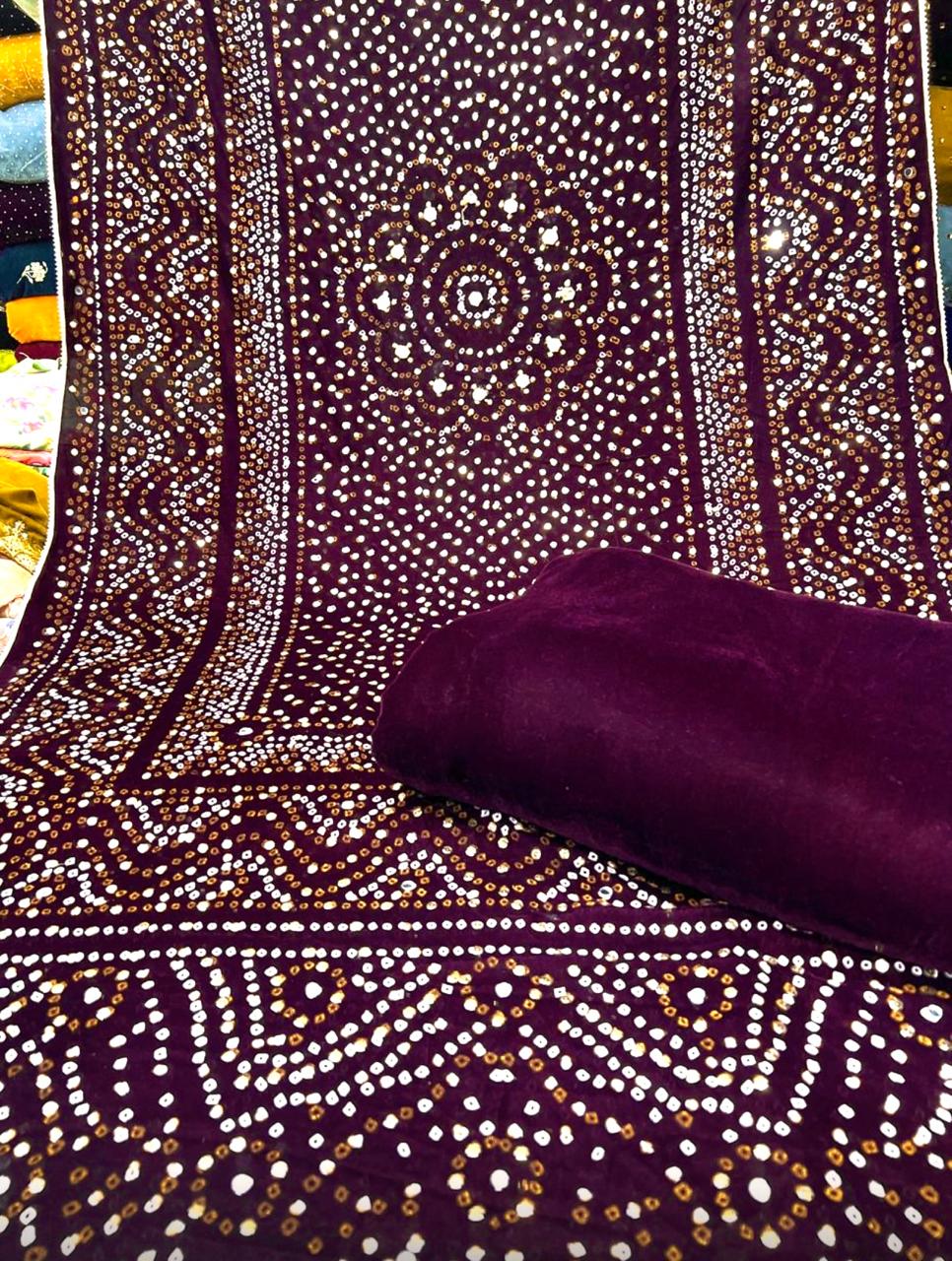 Superior Quality Velvet Suit With Block Printed Velvet Shawl With Pearls Mirror Work