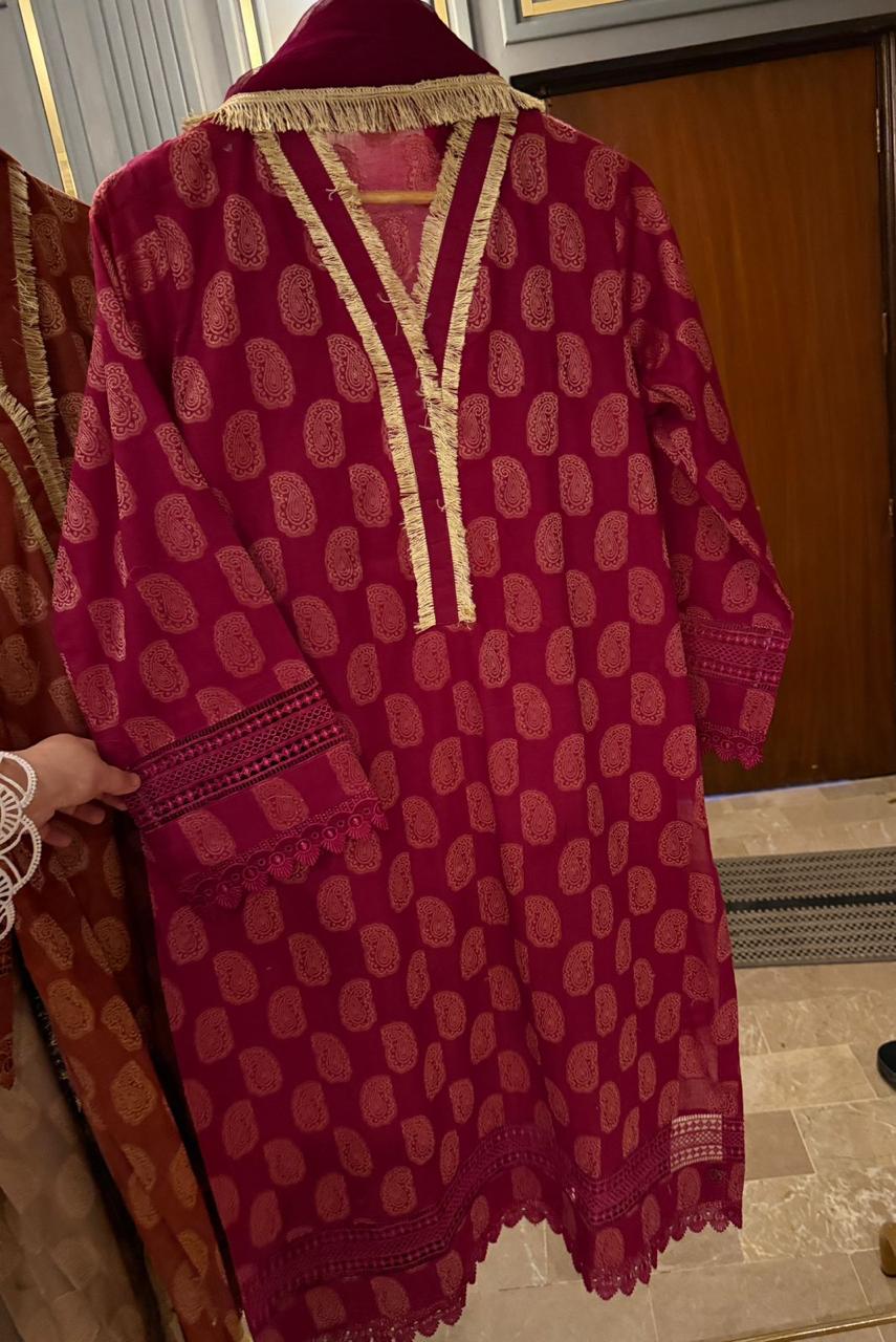 Pure Jackard Cotton Lacework Stiched 3 Piece