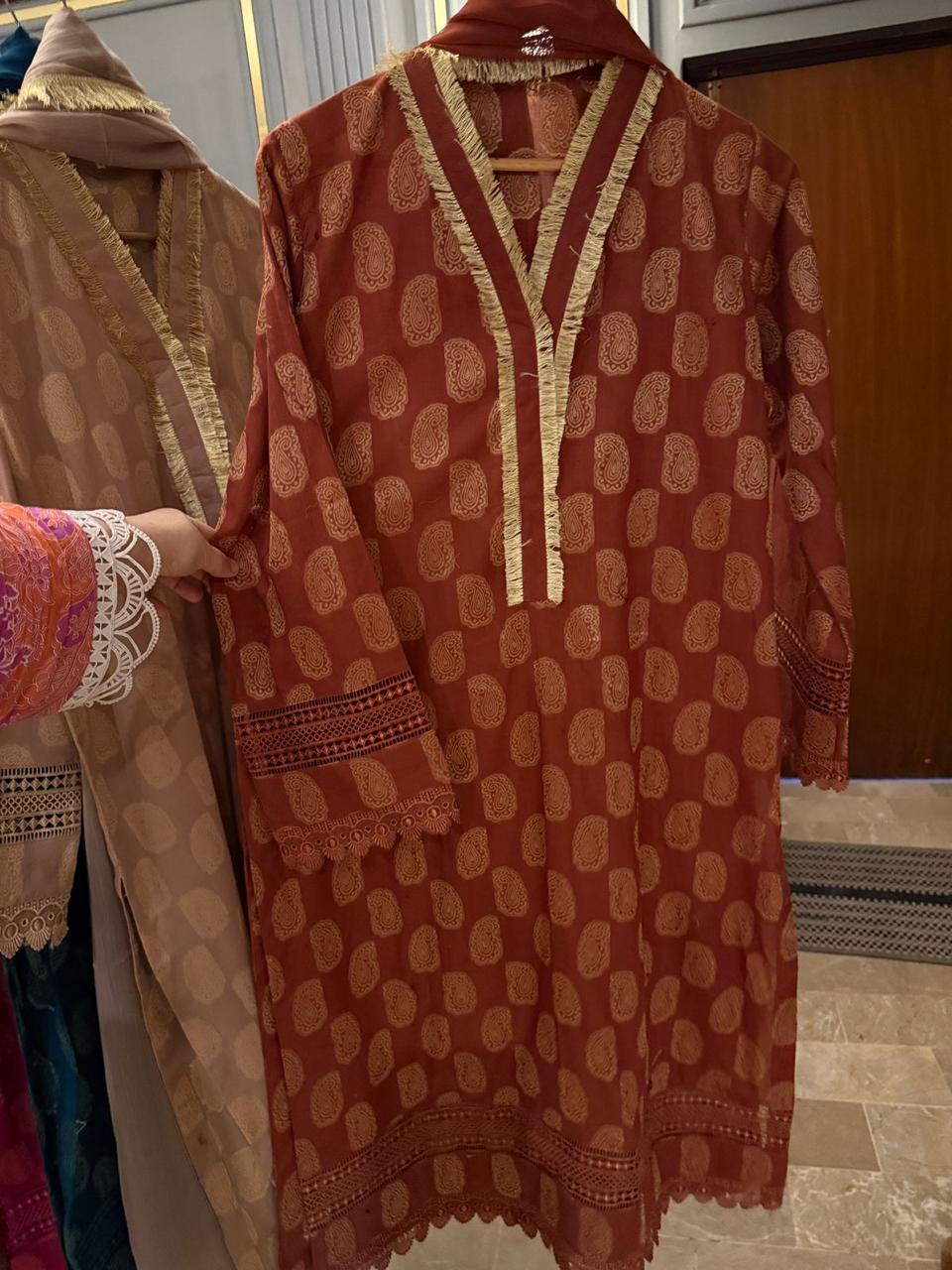 Pure Jackard Cotton Lacework Stiched 3 Piece