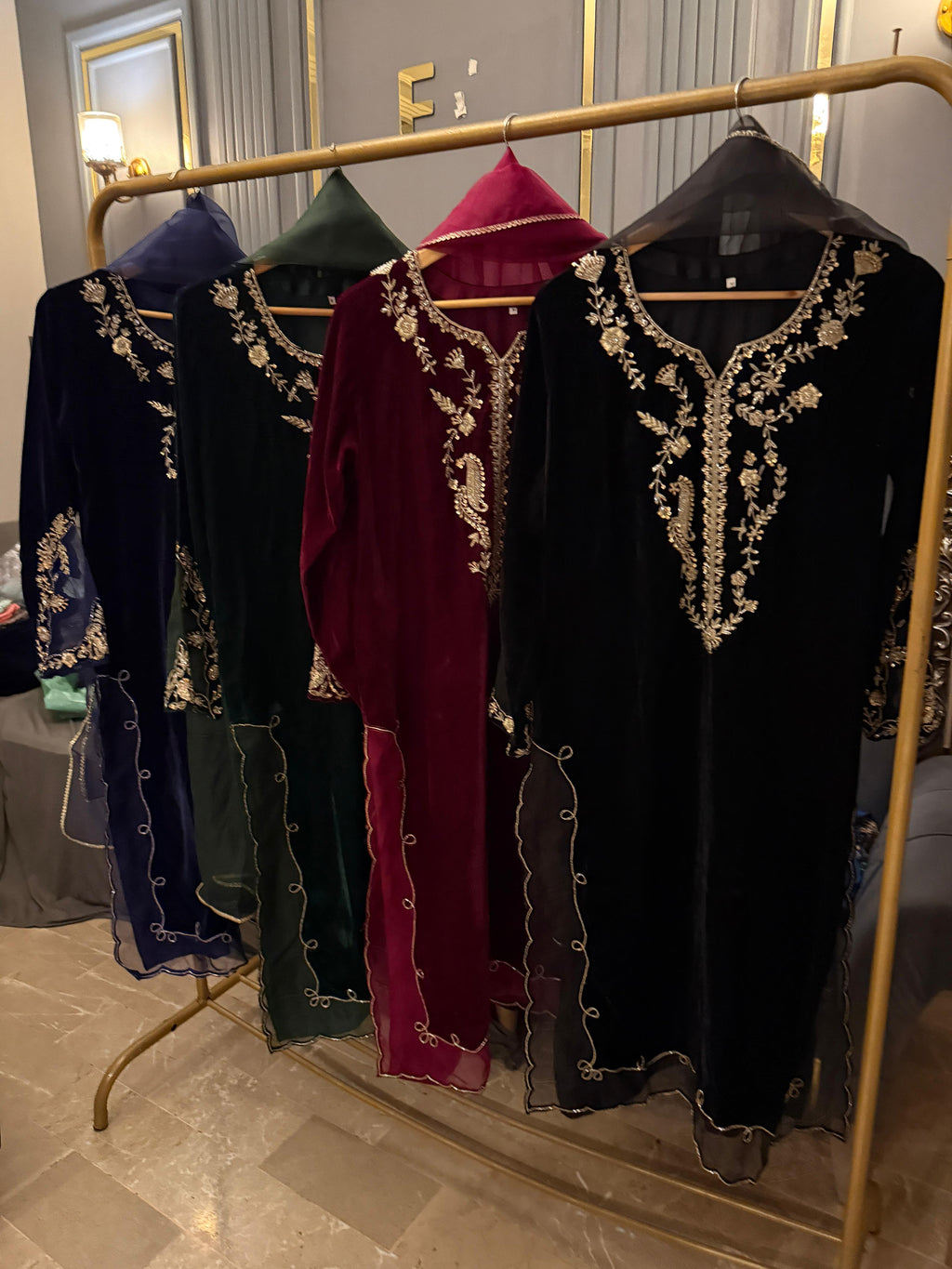 9K Micro Velvet Maxi with Heavy Handwork Neckline & Organza Patch Sleeves