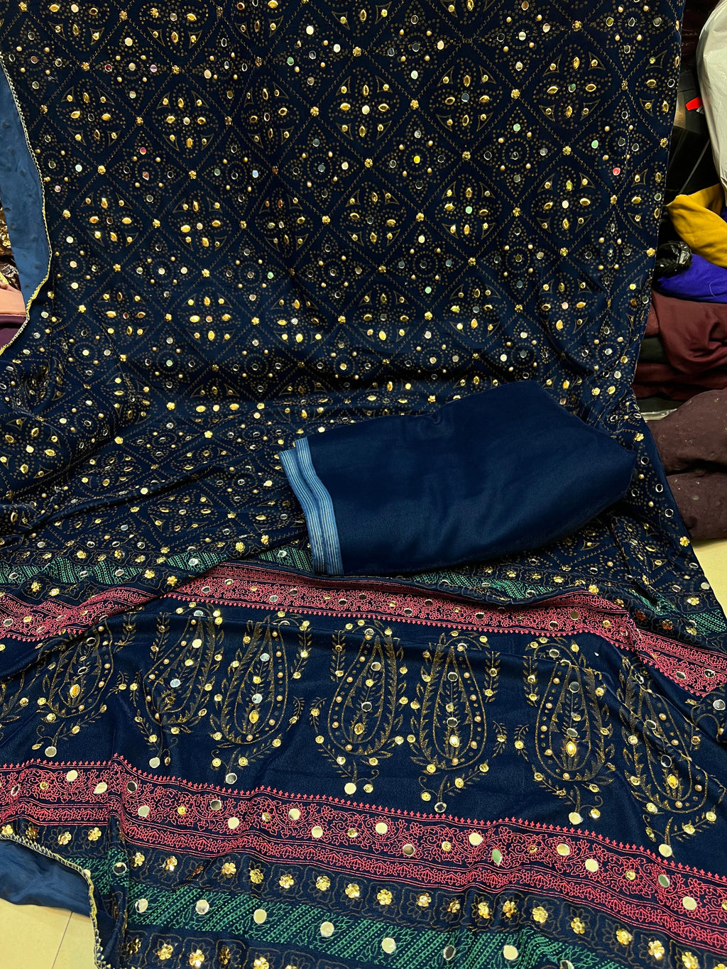 Superior Quality Micro Velvet Chundri Print Shawl with Handwork & Plain Velvet Suit – 3 Piece