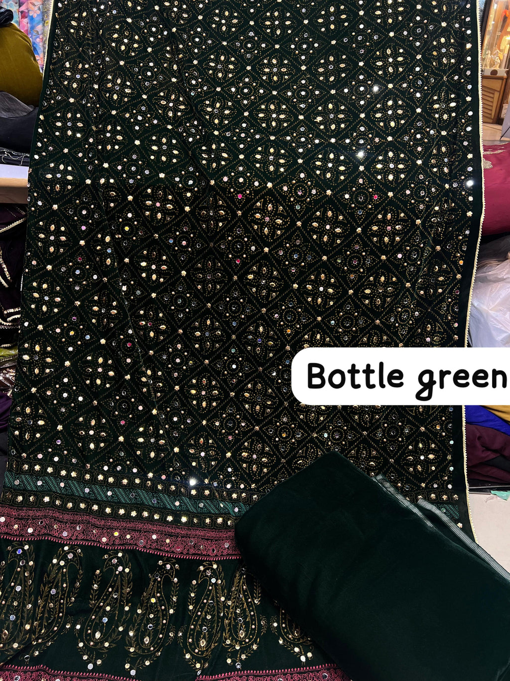 Superior Quality Micro Velvet Chundri Print Shawl with Handwork & Plain Velvet Suit – 3 Piece