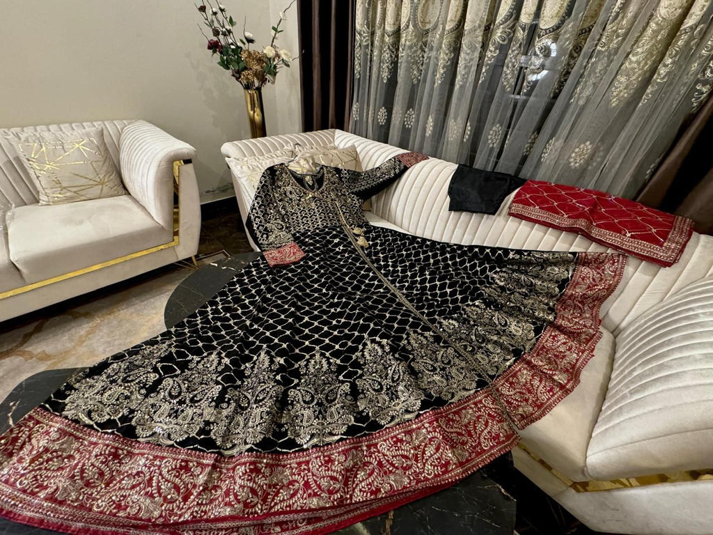 Full Flairy Chiffon Angrakha Maxi with Complete Sequence & Stone Work, Silk Trouser & Organza Fancy Dupatta – 3PC