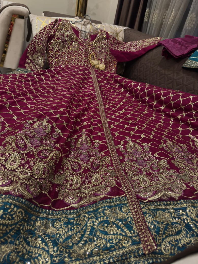 Full Flairy Chiffon Angrakha Maxi with Complete Sequence & Stone Work, Silk Trouser & Organza Fancy Dupatta – 3PC