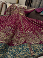 Full Flairy Chiffon Angrakha Maxi with Complete Sequence & Stone Work, Silk Trouser & Organza Fancy Dupatta – 3PC