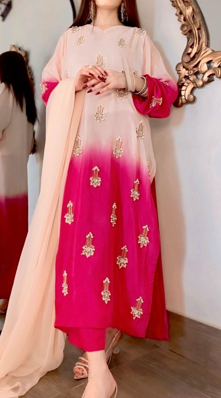 Raw Silk Ombré 3-Piece Suit with Heavy Handwork, Chiffon Laced Dupatta & Silk Trousers