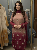 Raw Silk Ombré 3-Piece Suit with Heavy Handwork, Chiffon Laced Dupatta & Silk Trousers