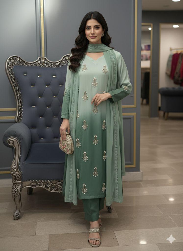 Raw Silk Ombré 3-Piece Suit with Heavy Handwork, Chiffon Laced Dupatta & Silk Trousers