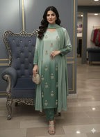 Raw Silk Ombré 3-Piece Suit with Heavy Handwork, Chiffon Laced Dupatta & Silk Trousers