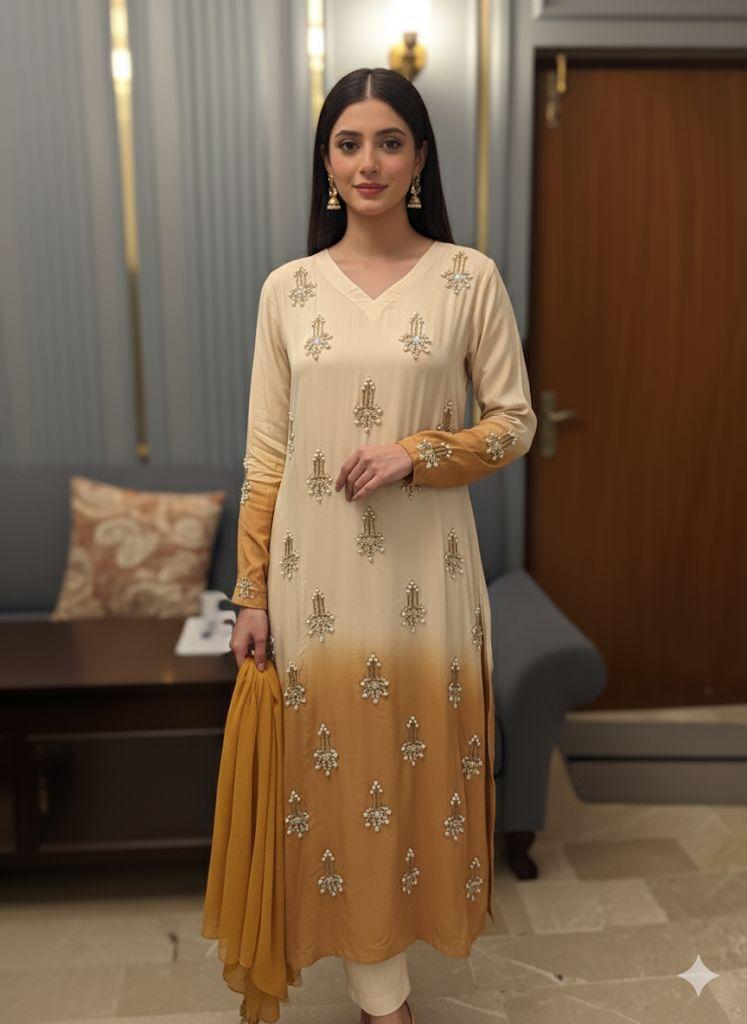 Raw Silk Ombré 3-Piece Suit with Heavy Handwork, Chiffon Laced Dupatta & Silk Trousers