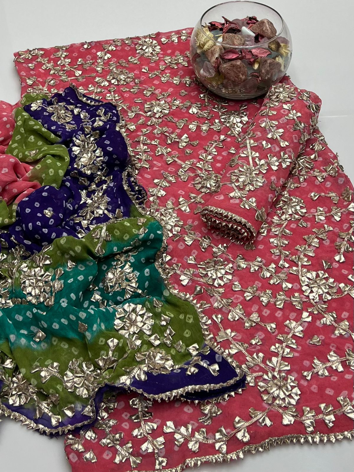 Handmade Chunri Gotta Work Soft Chiffon Full Jaal Shirt with 4-Border Dupatta – 2PC Suit