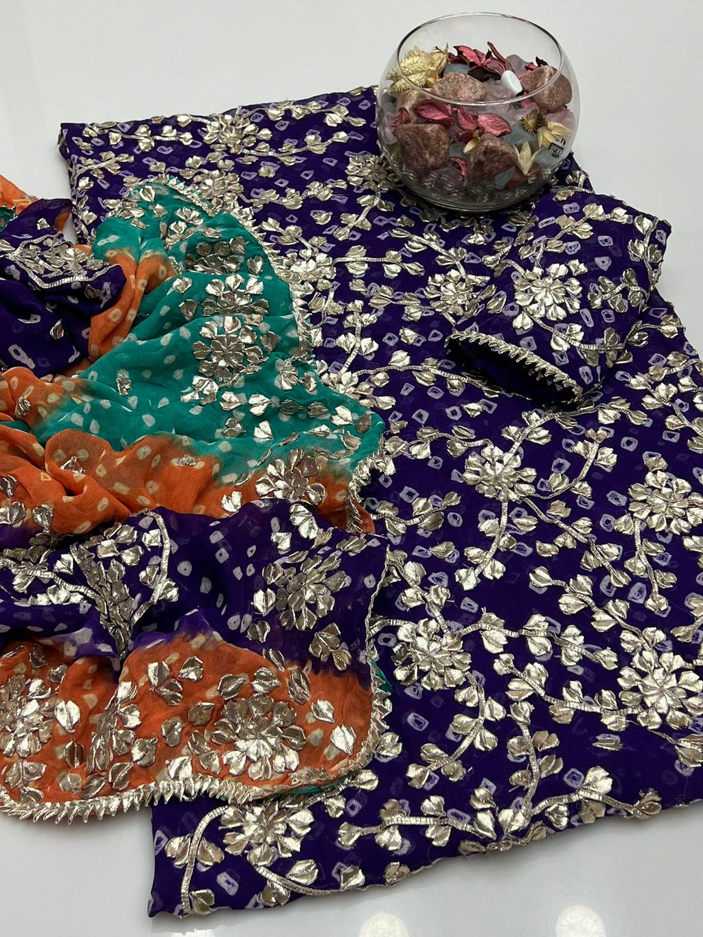 Handmade Chunri Gotta Work Soft Chiffon Full Jaal Shirt with 4-Border Dupatta – 2PC Suit