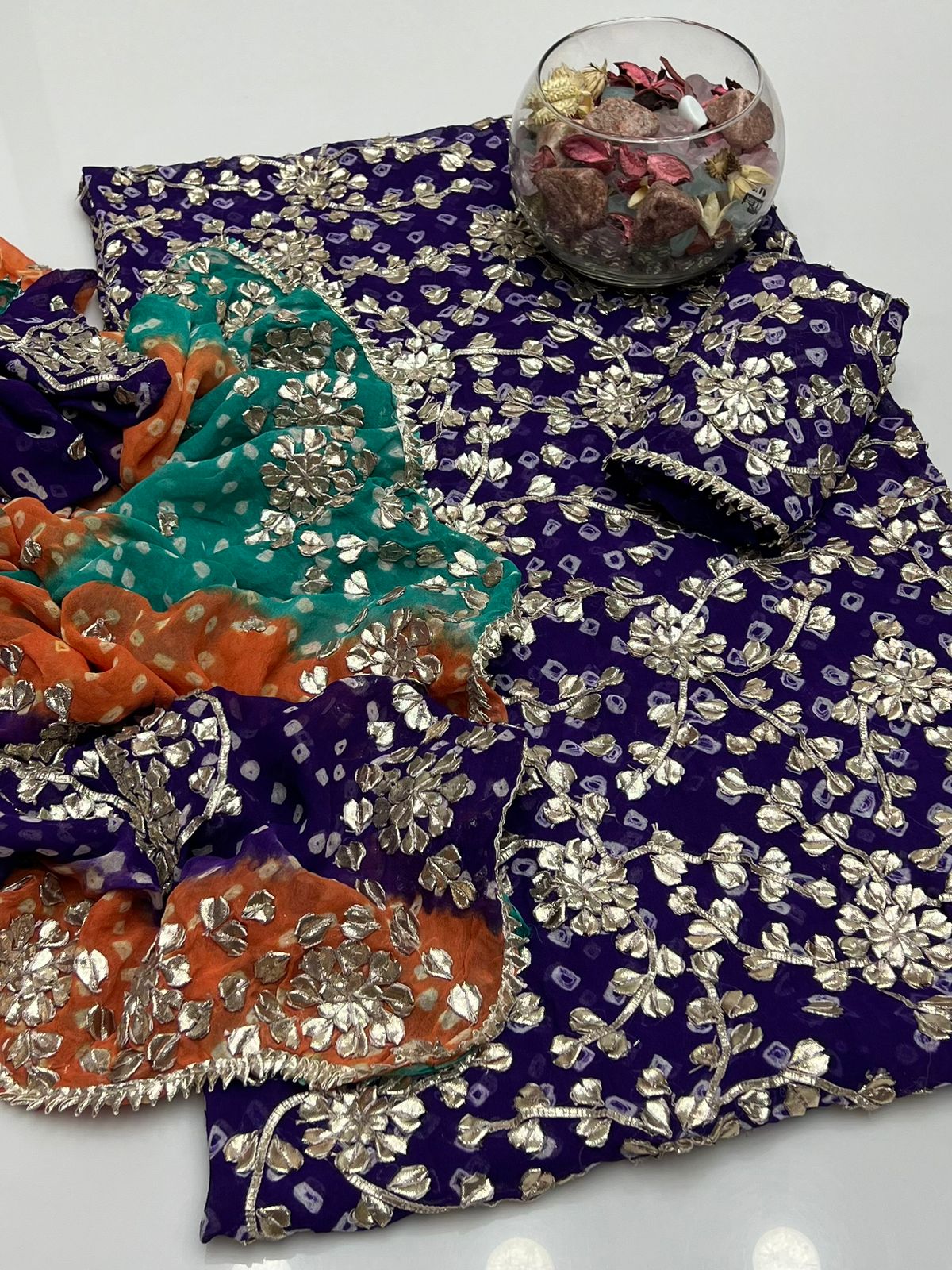 Handmade Chunri Gotta Work Soft Chiffon Full Jaal Shirt with 4-Border Dupatta – 2PC Suit