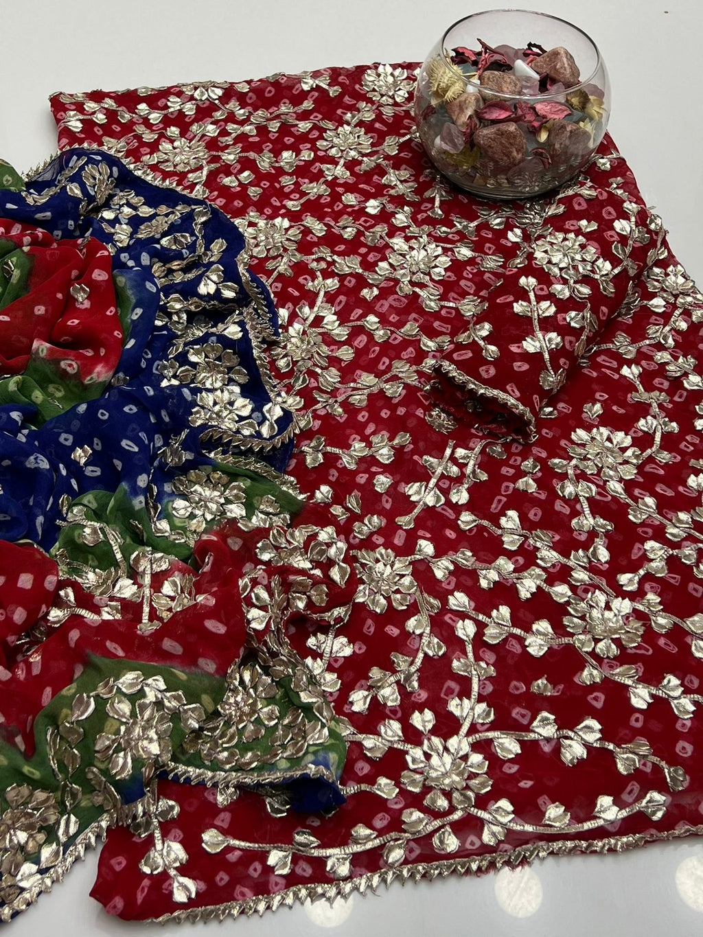 Handmade Chunri Gotta Work Soft Chiffon Full Jaal Shirt with 4-Border Dupatta – 2PC Suit