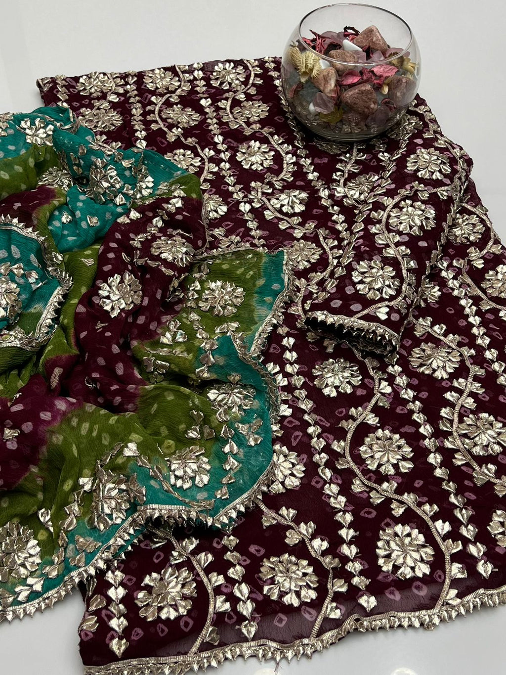 Handmade Chunri Gotta Work Soft Chiffon Full Jaal Shirt with 4-Border Dupatta – 2PC Suit