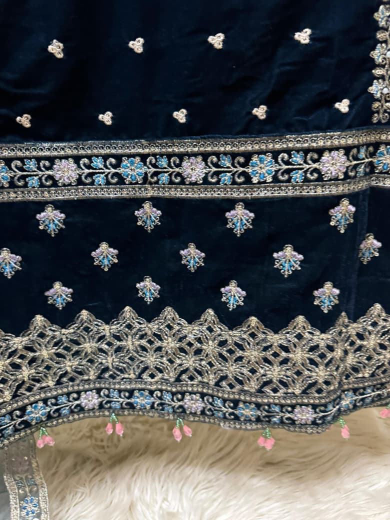 11k Micro Velvet Fully Handmade Shirt with Tilla & Sequin Embroidery, Silk Trouser & Organza Embroidered Dupatta – 3PC