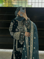 11k Micro Velvet Fully Handmade Shirt with Tilla & Sequin Embroidery, Silk Trouser & Organza Embroidered Dupatta – 3PC