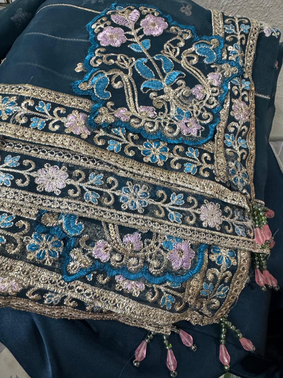 11k Micro Velvet Fully Handmade Shirt with Tilla & Sequin Embroidery, Silk Trouser & Organza Embroidered Dupatta – 3PC