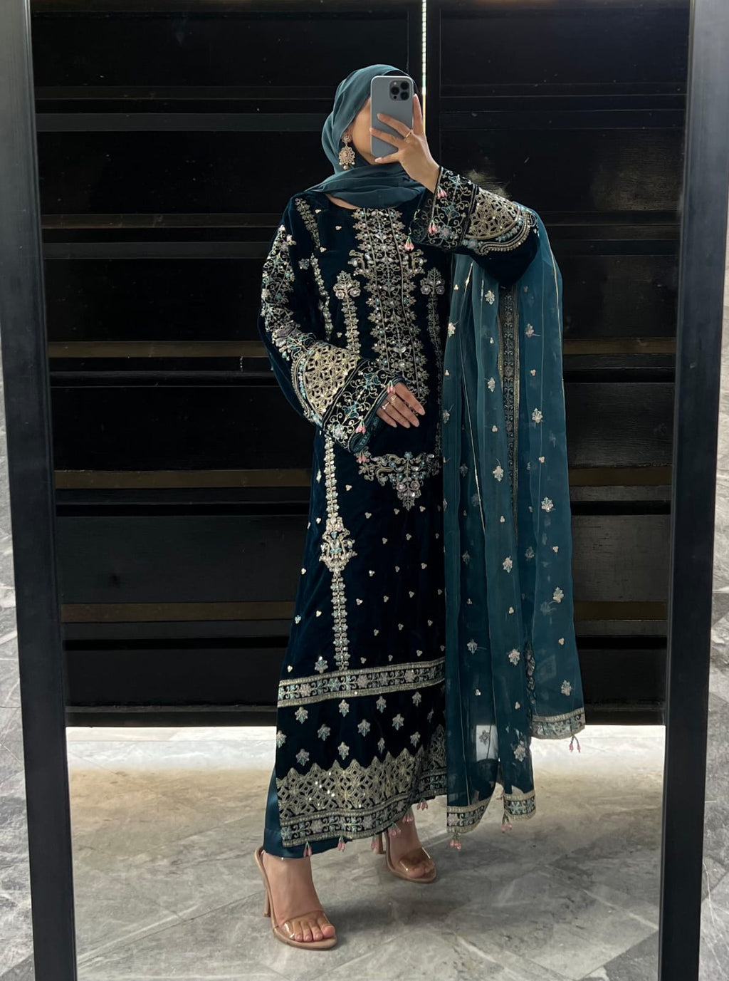 11k Micro Velvet Fully Handmade Shirt with Tilla & Sequin Embroidery, Silk Trouser & Organza Embroidered Dupatta – 3PC