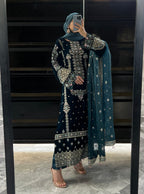 11k Micro Velvet Fully Handmade Shirt with Tilla & Sequin Embroidery, Silk Trouser & Organza Embroidered Dupatta – 3PC