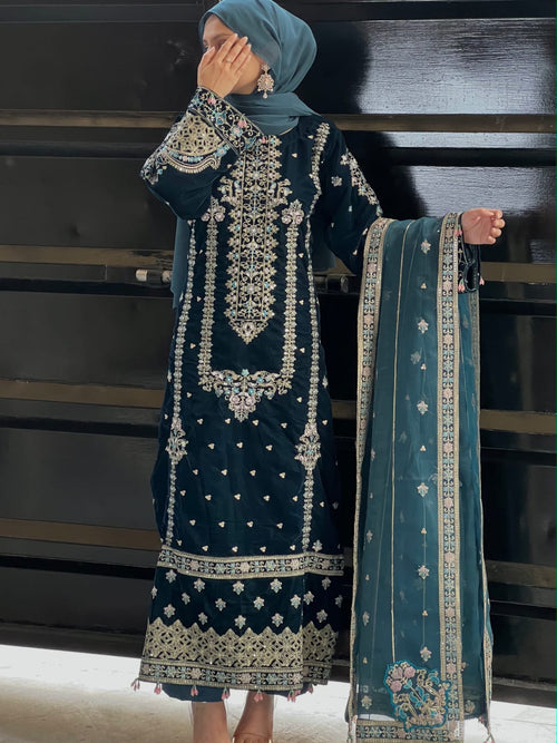 11k Micro Velvet Fully Handmade Shirt with Tilla & Sequin Embroidery, Silk Trouser & Organza Embroidered Dupatta – 3PC