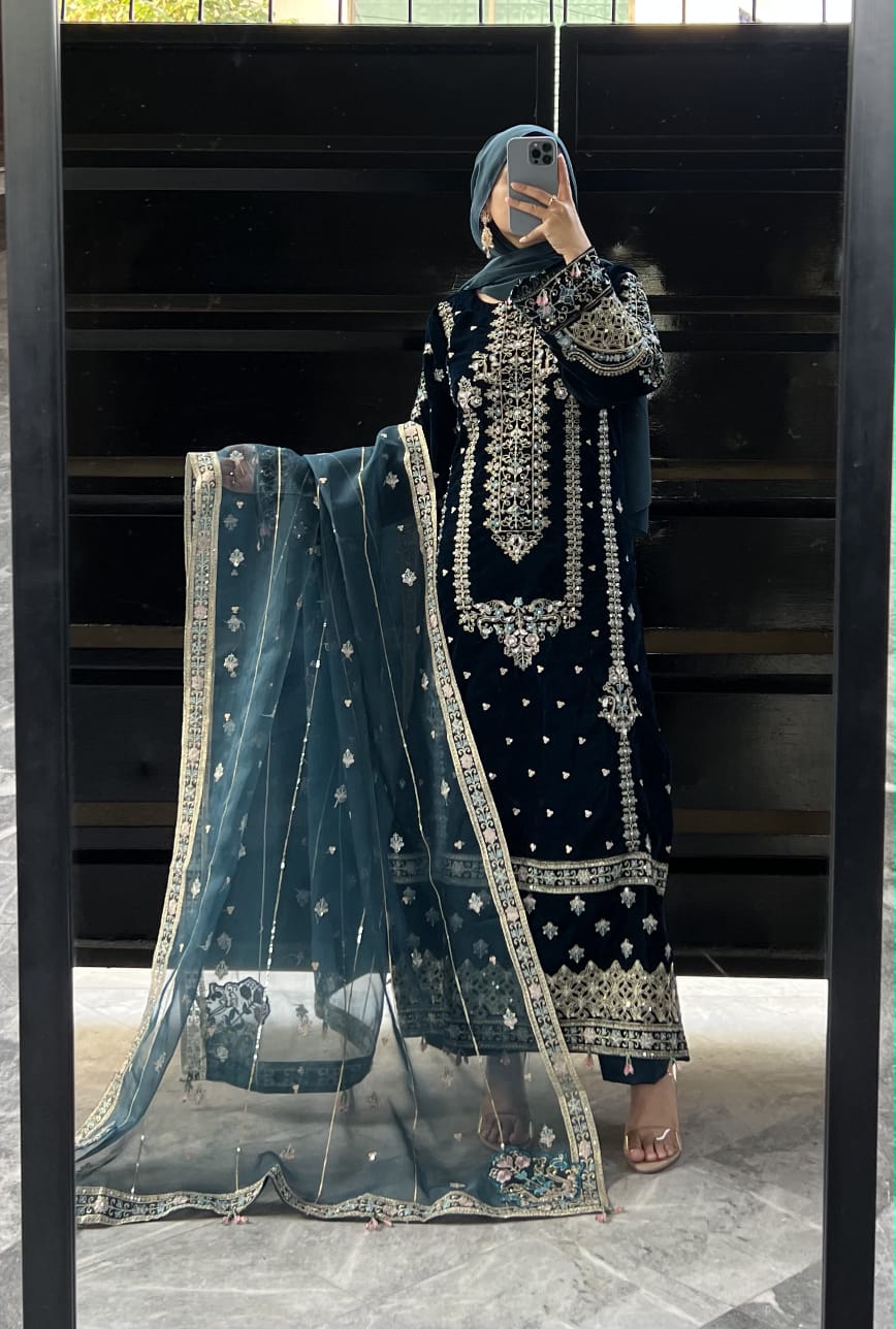 11k Micro Velvet Fully Handmade Shirt with Tilla & Sequin Embroidery, Silk Trouser & Organza Embroidered Dupatta – 3PC