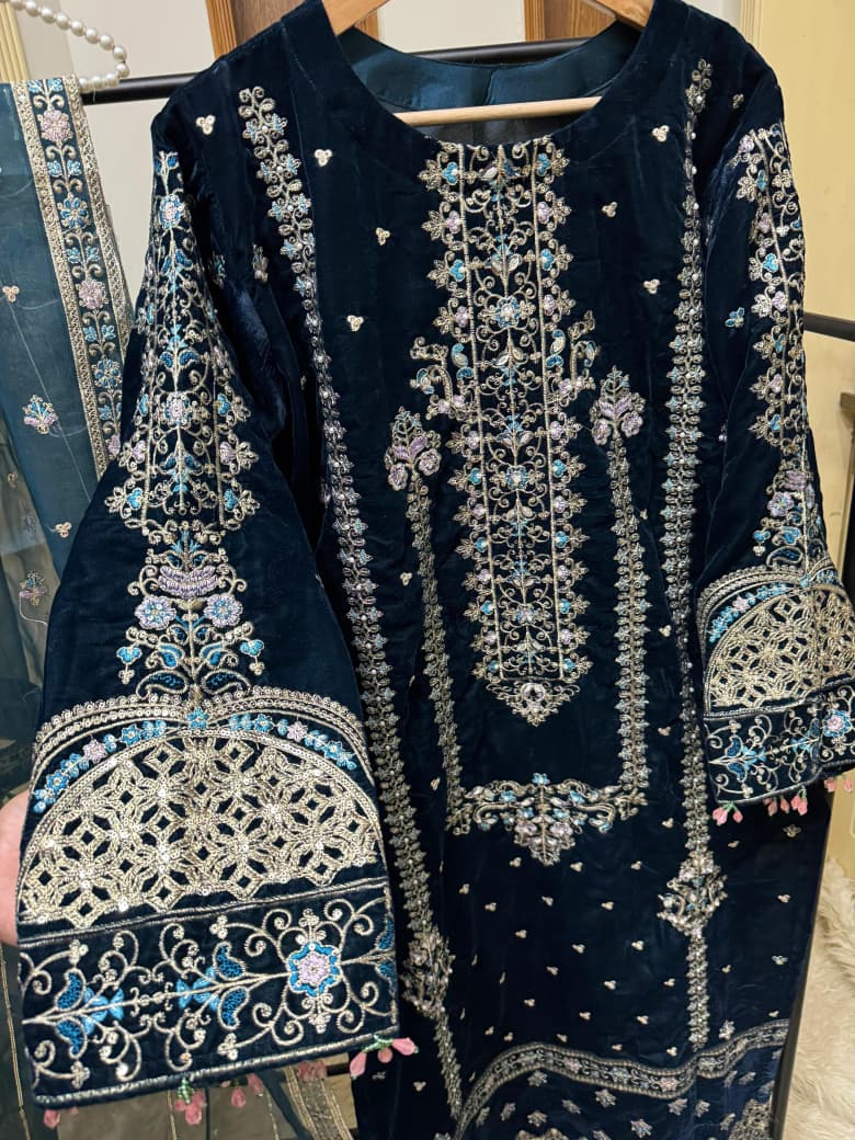 11k Micro Velvet Fully Handmade Shirt with Tilla & Sequin Embroidery, Silk Trouser & Organza Embroidered Dupatta – 3PC