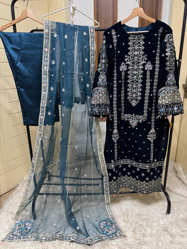 11k Micro Velvet Fully Handmade Shirt with Tilla & Sequin Embroidery, Silk Trouser & Organza Embroidered Dupatta – 3PC