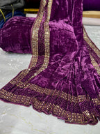 Superior Quality Micro Antique Stone Velvet Shawls With Plain 5 Yard Velvet Suit 3 Pcs