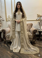 New Pure Silk Handwork Embellished Shirt Along With Flairy Gharara With Beautiful Organza Embroidered Dupatta