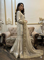 New Pure Silk Handwork Embellished Shirt Along With Flairy Gharara With Beautiful Organza Embroidered Dupatta
