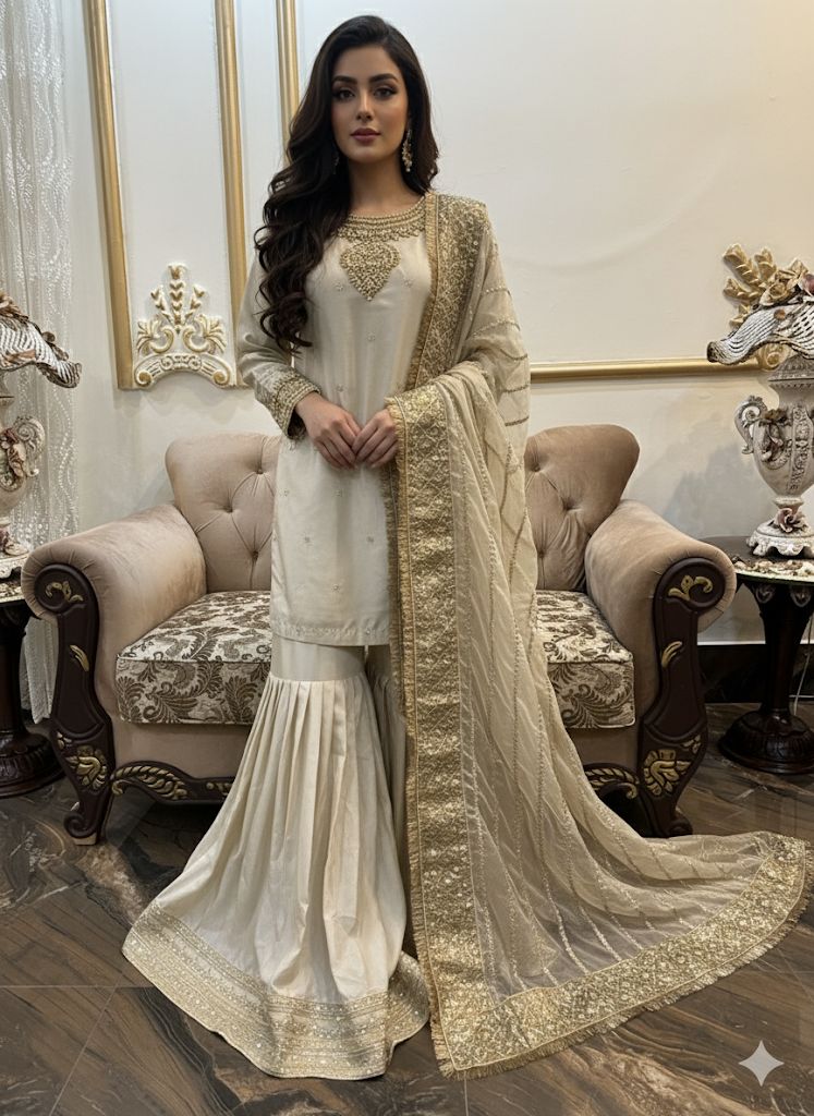 New Pure Silk Handwork Embellished Shirt Along With Flairy Gharara With Beautiful Organza Embroidered Dupatta