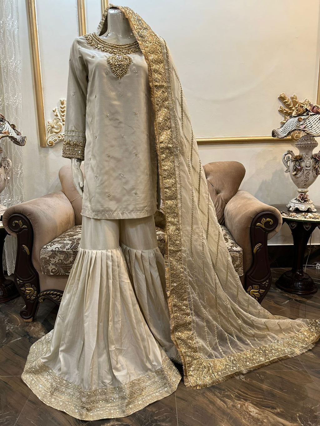 New Pure Silk Handwork Embellished Shirt Along With Flairy Gharara With Beautiful Organza Embroidered Dupatta