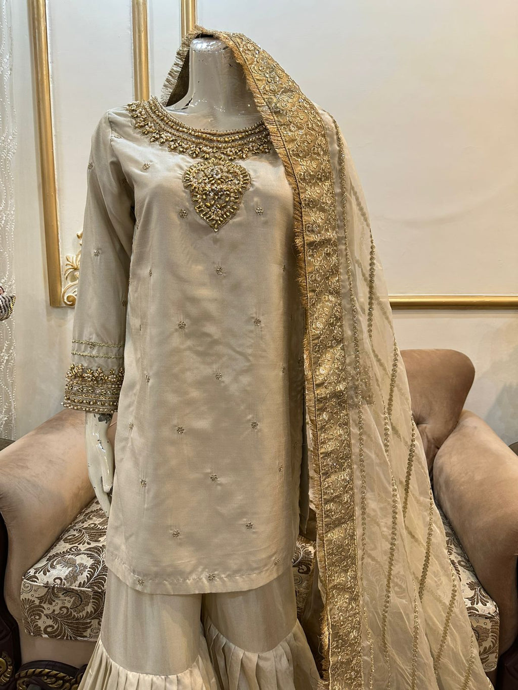 New Pure Silk Handwork Embellished Shirt Along With Flairy Gharara With Beautiful Organza Embroidered Dupatta