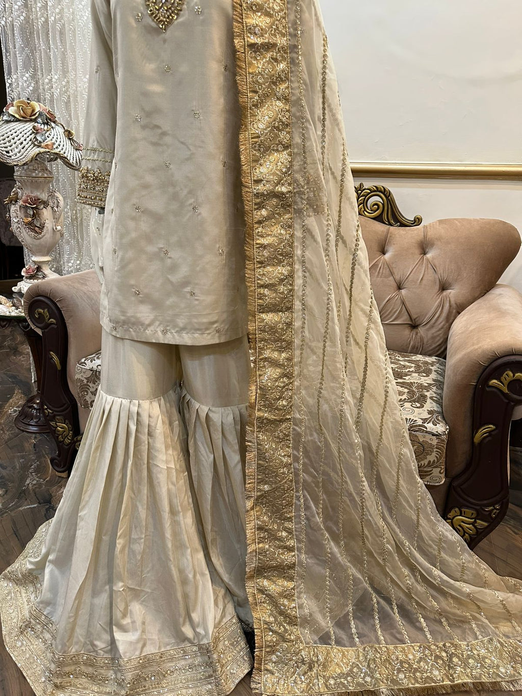 New Pure Silk Handwork Embellished Shirt Along With Flairy Gharara With Beautiful Organza Embroidered Dupatta