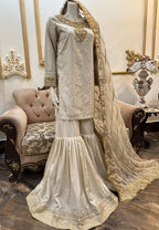 New Pure Silk Handwork Embellished Shirt Along With Flairy Gharara With Beautiful Organza Embroidered Dupatta