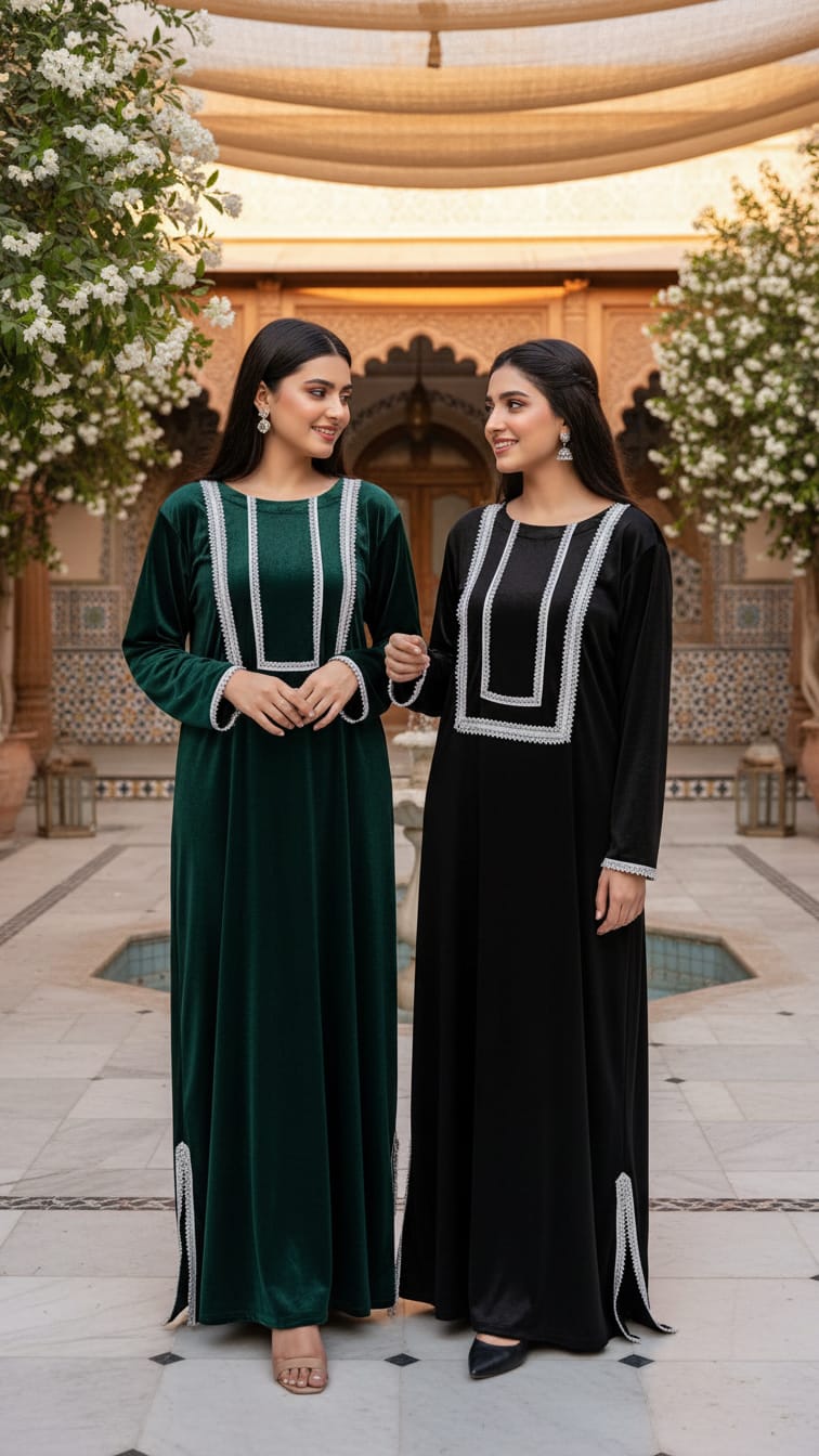 New Arrival Velvet Kaftan Embellished With Stone Laces