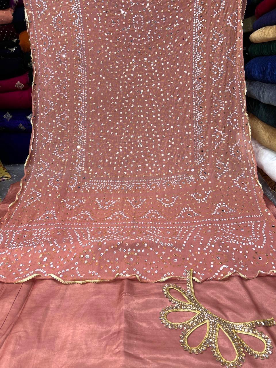 Chiffon Chundri Handwork Dupatta  With Plain Silk Suit  - 3 Pcs