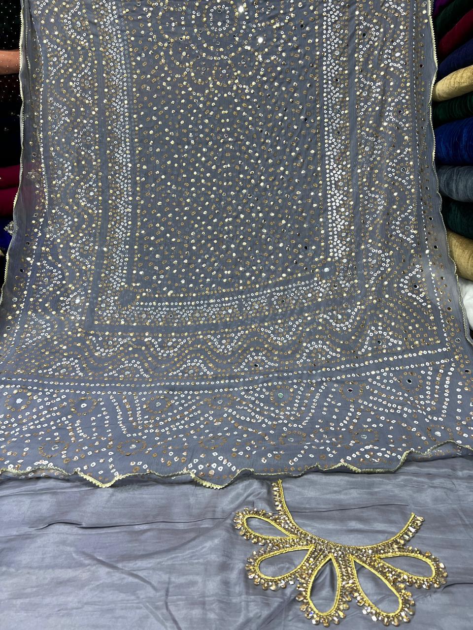Chiffon Chundri Handwork Dupatta  With Plain Silk Suit  - 3 Pcs
