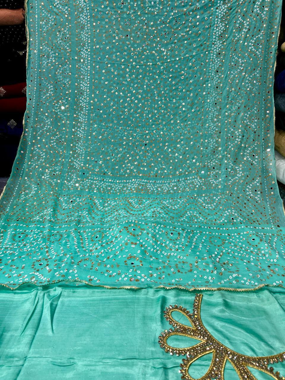 Chiffon Chundri Handwork Dupatta  With Plain Silk Suit  - 3 Pcs